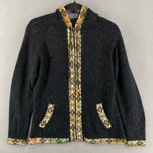 Alpaca Collection Handmade Full Zip Cardigan Sweater Womens L Black Hood‎